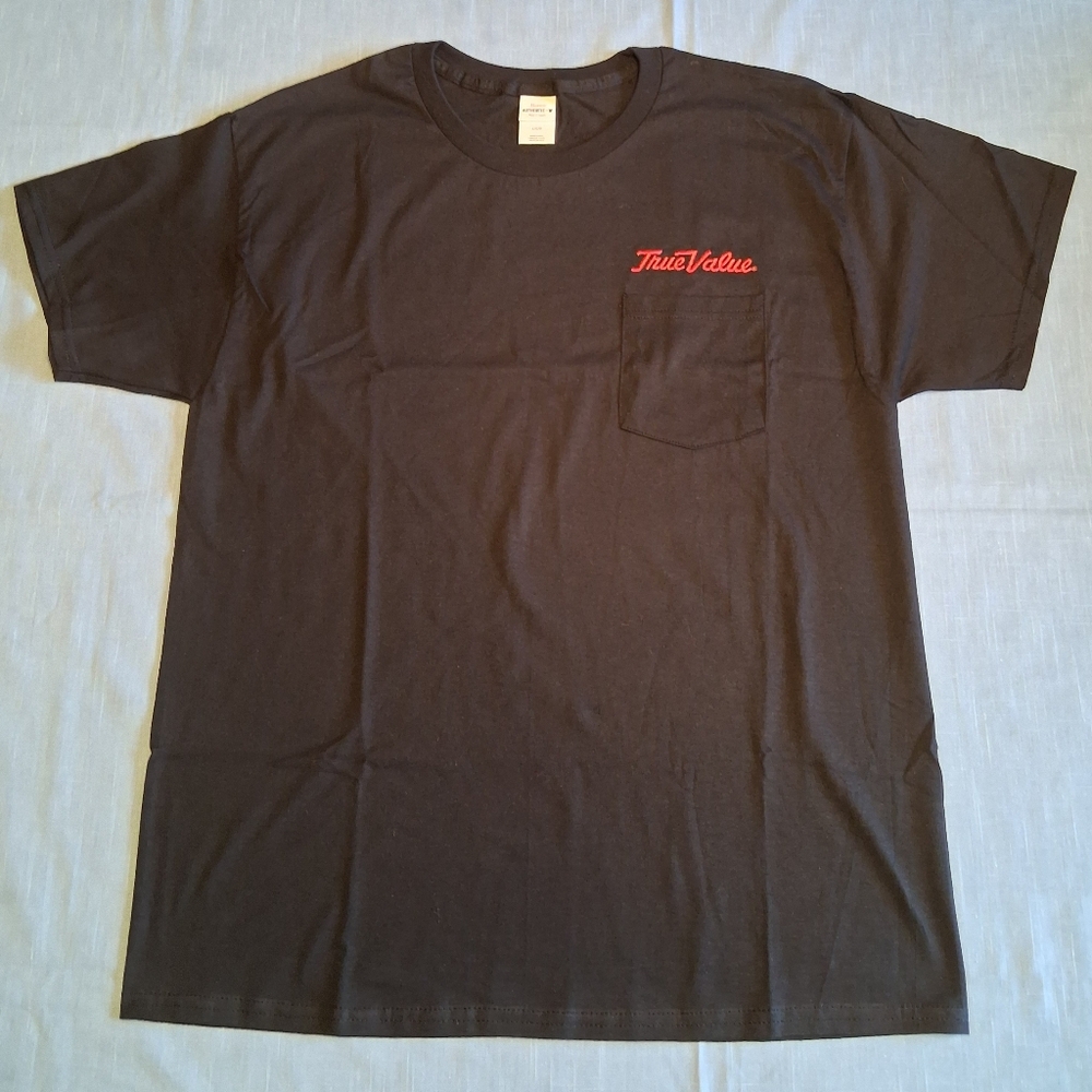 Hanes True Value Short Sleeve Black Pocket T‑Shirt with Red Logo NWOT